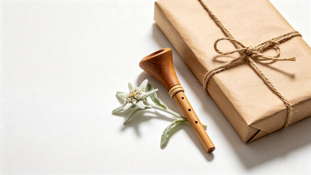 Wooden alphorn ornament, edelweiss sprig and kraft paper roll with twine, alpine gift wrapping concept