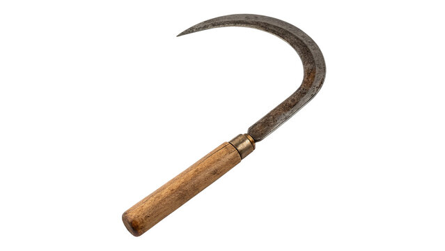 Traditional metal sickle handtool tool with brown wooden handle harvesting isolated on transparent background