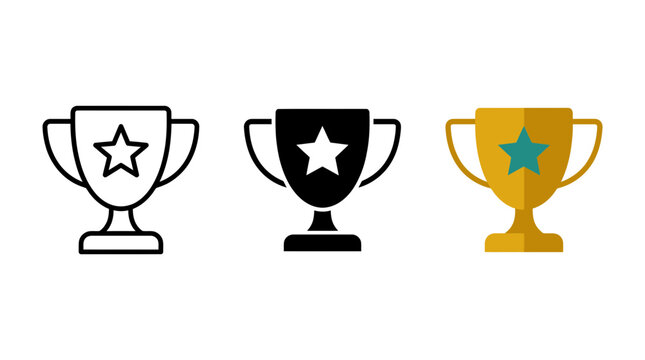 Set of gold trophy cup icons with star symbol in outline silhouette and flat style