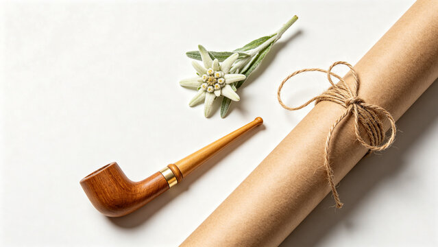 Wooden alphorn ornament, edelweiss sprig and kraft paper roll with twine, alpine gift wrapping concept