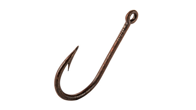 Classic metallic bronze sharp single fishing hook tackle accessory tool isolated on transparent background