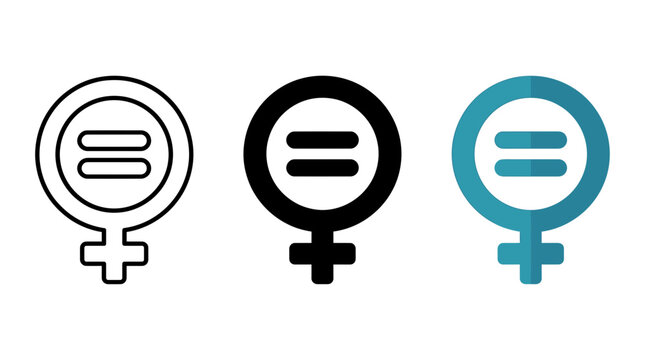 Set of gender equality icons with equal sign symbol in female venus sign, equality