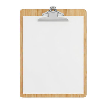 Wooden clipboard with metal clip and blank white paper sheet isolated on transparent background for business tasks