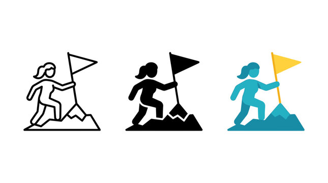 Icon set of woman reaching top of mountain peak with flag mountain climbing
