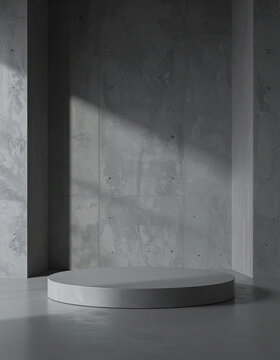 Round minimalist display podium inside geometric room with dark gray concrete walls, smooth architectural surfaces and subtle shadows, futuristic atmosphere, product presentation stage.