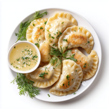 Cooked Varenyky Pierogi Dish with Dip Top View