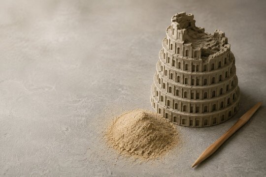 Half-formed clay Tower of Babel model with sand and tool, communication and learning concept