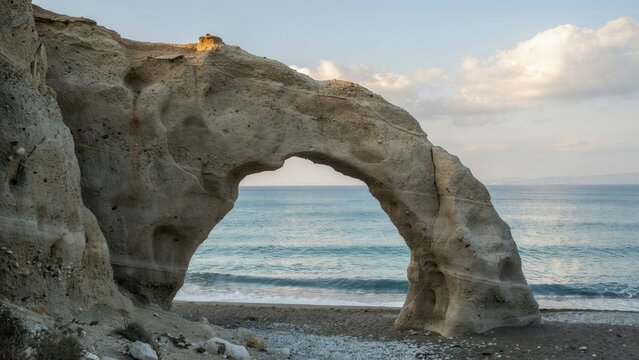 Natural limestone rock arch formation standing on a pebble beach by the calm blue sea under a soft cloudy sky during a peaceful afternoon light