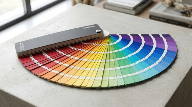 A fan-shaped color swatch guide with a grey cover resting on a concrete surface with books in the blurred background, for interior decoration