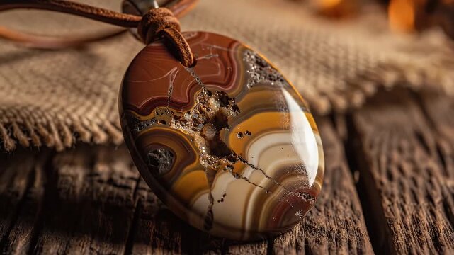 Unique natural agate pendant with rich earthy tones and rough texture, suspended on leather cord, set on rustic wooden background