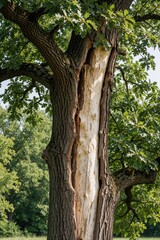 Fototapeta premium Large old oak tree trunk shows deep damage from natural disaster. Wood splintered revealing lighter inner core. Green leaves surround broken bark and exposed inner wood.