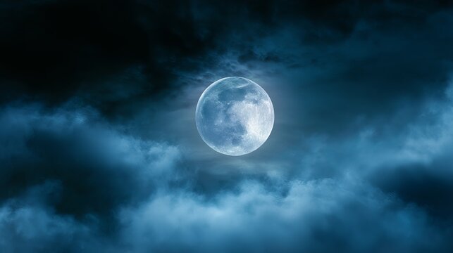 Full moon ascends through a dramatic cloudy night sky, creating a mystical atmosphere perfect for concept art and symbolizing hope amidst darkness