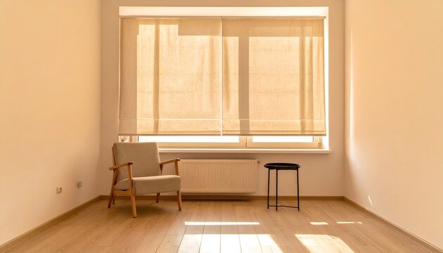 Habitaci&oacute;n minimalista y luminosa con sill&oacute;n, taburete y gran ventana con estor en tonos c&aacute;lidos