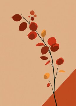 Illustration of a plant with red and orange leaves. the plant has a long stem with multiple leaves of different sizes and shapes.