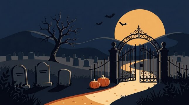Spooky halloween graveyard scene featuring a glowing full moon iron gates and pumpkins at night