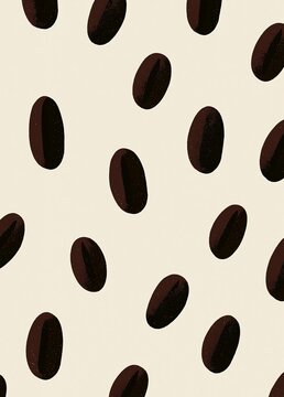 Seamless pattern of small, oval-shaped coffee beans on a light beige background. the beans are dark brown in color and appear to be freshly roasted.