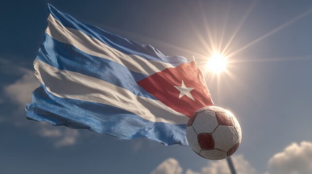 Cuban flag and soccer ball against the blue sky during a bright sunny day