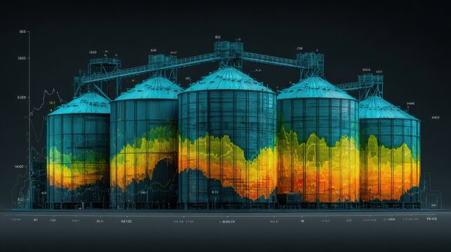 Data visualization of grain silos showing agricultural trends and statistics in a farm setting during daytime