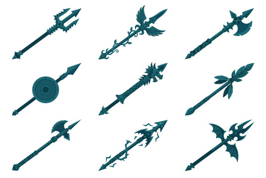 Fantasy polearm and magical spear weapon silhouette set.