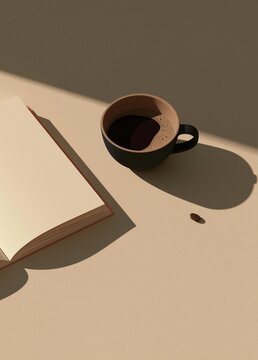 Black coffee cup with a saucer on a beige background. the cup is filled with dark liquid, possibly coffee, and there is a single coffee bean lying on the floor next to it.