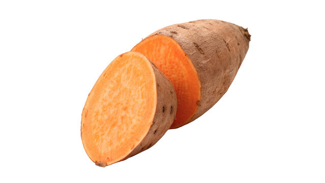 Fresh whole and sliced raw organic sweet potato root vegetable asset isolated on transparent background