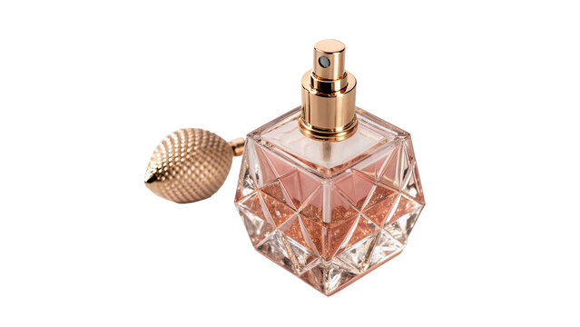 Elegant luxury carved pink crystal glass perfume bottle cosmetic packaging mockup isolated on transparent background
