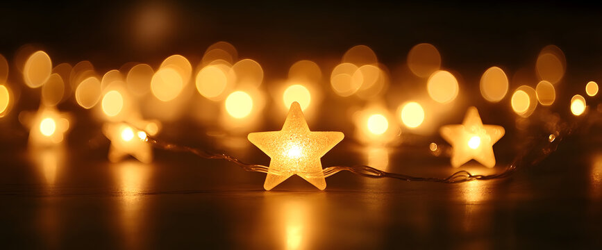 Beautiful blurred warm golden stars bokeh lights romantic abstract holiday background