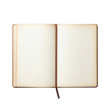 Open vintage notebook with blank aged pages and ribbon bookmark isolated on transparent background for writing