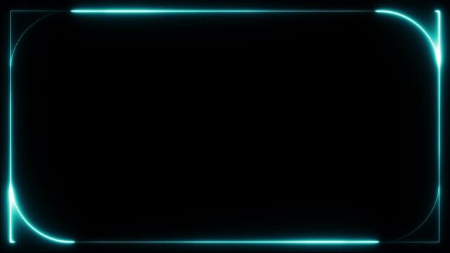 水色の光線が反時計回りに走るサイバーネオンフレーム 黒背景シームレスループ動画 / Cyan glowing neon light line frame counterclockwise movement seamless loop video on black background