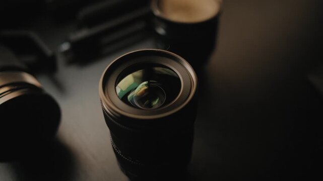 Close-up shot of a spotless camera lens on a sleek dark desk in soft, ambient light after cleaning in Greece. The macro perspective highlights precision, clarity, and optical detail.