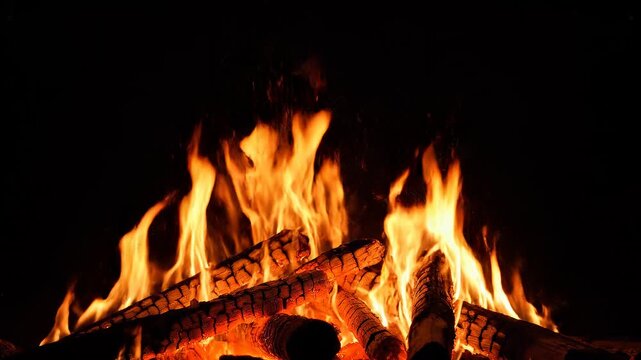 Campfire flames dancing in darkness with logs burning for cozy nighttime ambiance and outdoor warmth