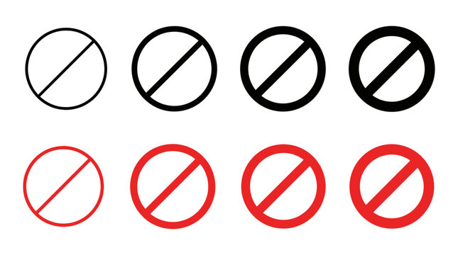 Minimalist vector illustration set featuring multiple circular prohibition signs with varying line thickness in bold black and vibrant red colors