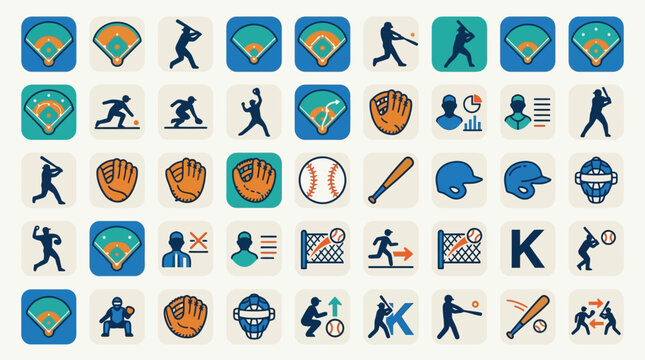 Comprehensive set of flat baseball icons featuring player silhouettes, field diagrams, equipment like gloves and bats, plus coaching and statistic symbols in a teal and orange color palette.
