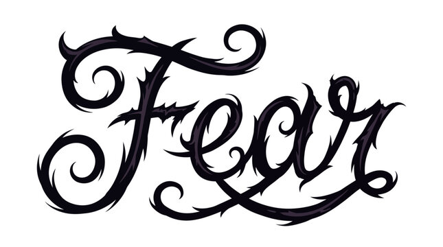 Gothic fear word art vector, dark thorny typography design, black metal style lettering for horror posters and apparel