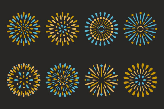 New year fireworks vector illustration. Collection of light blue, gold fireworks. Art design suitable for decoration, print, poster, banner, wallpaper, card, cover.