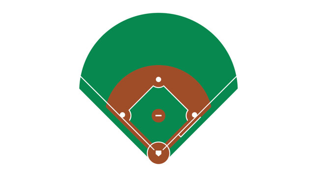 Overhead 2D vector illustration of a standard baseball diamond field featuring green grass, brown dirt infield paths, pitcher's mound, home plate, and white baseline markings on a white background.