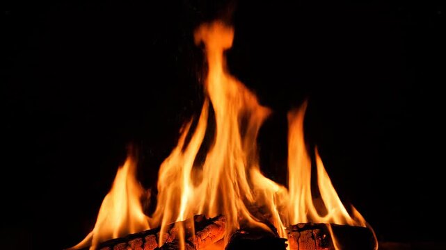 Campfire flames dancing with orange and yellow hues against a dark night setting