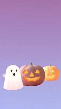 ハロウィンのオバケとジャックオーランタンが上下にふわふわと揺れる可愛らしい３Ｄアニメーション　文字入れスペースのあるパープル背景の縦長ビデオ素材