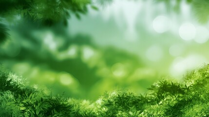Fototapeta premium Lush green foliage gently blurs into a bright, sunlit backdrop, evoking tranquility and freshness, suitable for a nature-inspired concept or calming visual