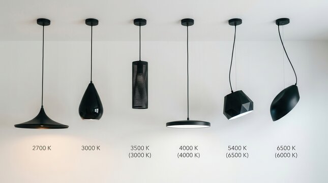 Black pendant lights with unique designs in gradient from 2700 K to 6500 K against white ceiling