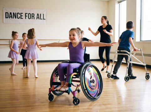 Diverse group of children participate in inclusive dance class, including a girl in a wheelchair and a boy with a walker.