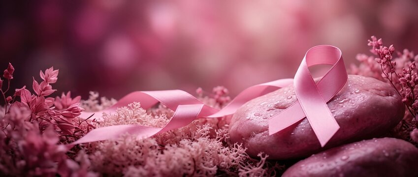 Pink ribbon resting on a wet stone surrounded by delicate flowers during autumn