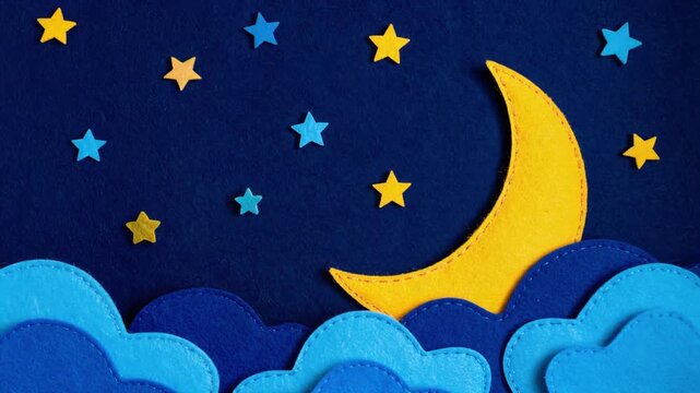 フェルトで作った幻想的な夜空と三日月、ゆっくり揺れる雲と星の癒し系背景