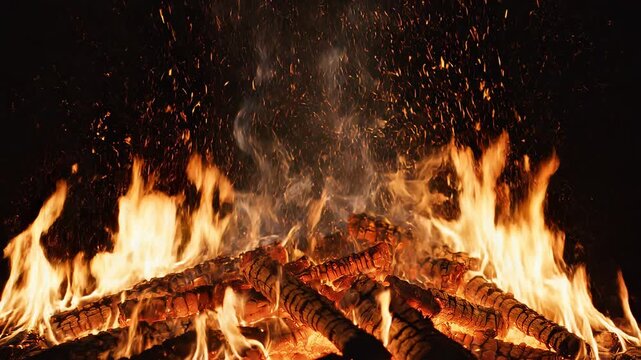 Campfire flames with glowing embers and sparks dancing in the dark night sky