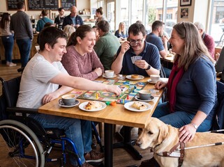 Obraz premium Diverse group of friends enjoying a board game and coffee in a lively cafe, including individuals with disabilities and a guide dog.