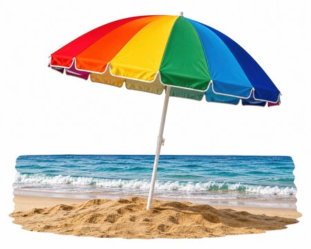 Colorful rainbow beach umbrella standing on sand by the ocean shore