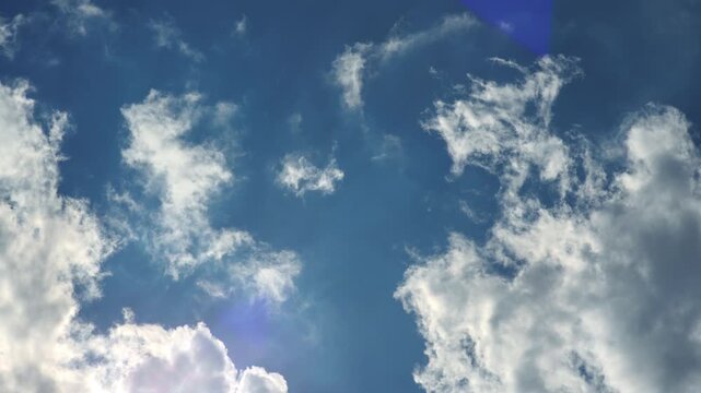 Timelapse of a clear blue sky with fast passing clouds in summer. (4k). Perfect for backgrounds and titles.