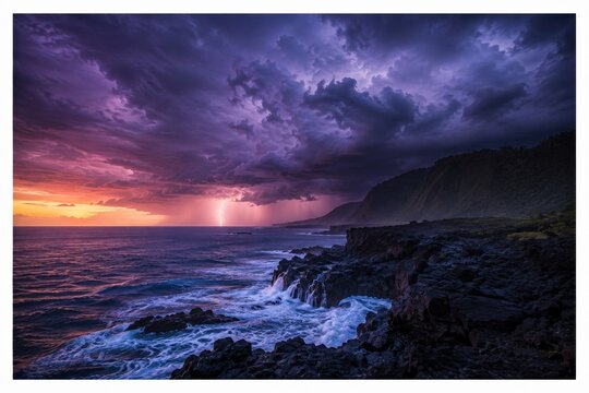 Dramatic lightning strike over a dark stormy ocean at sunset