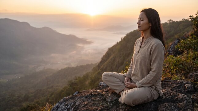 Serene Asian woman meditating in lotus pose on mountain peak at sunrise with misty valley below