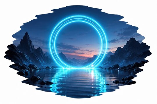 Glowing blue neon circle portal in a dark mountain landscape at night